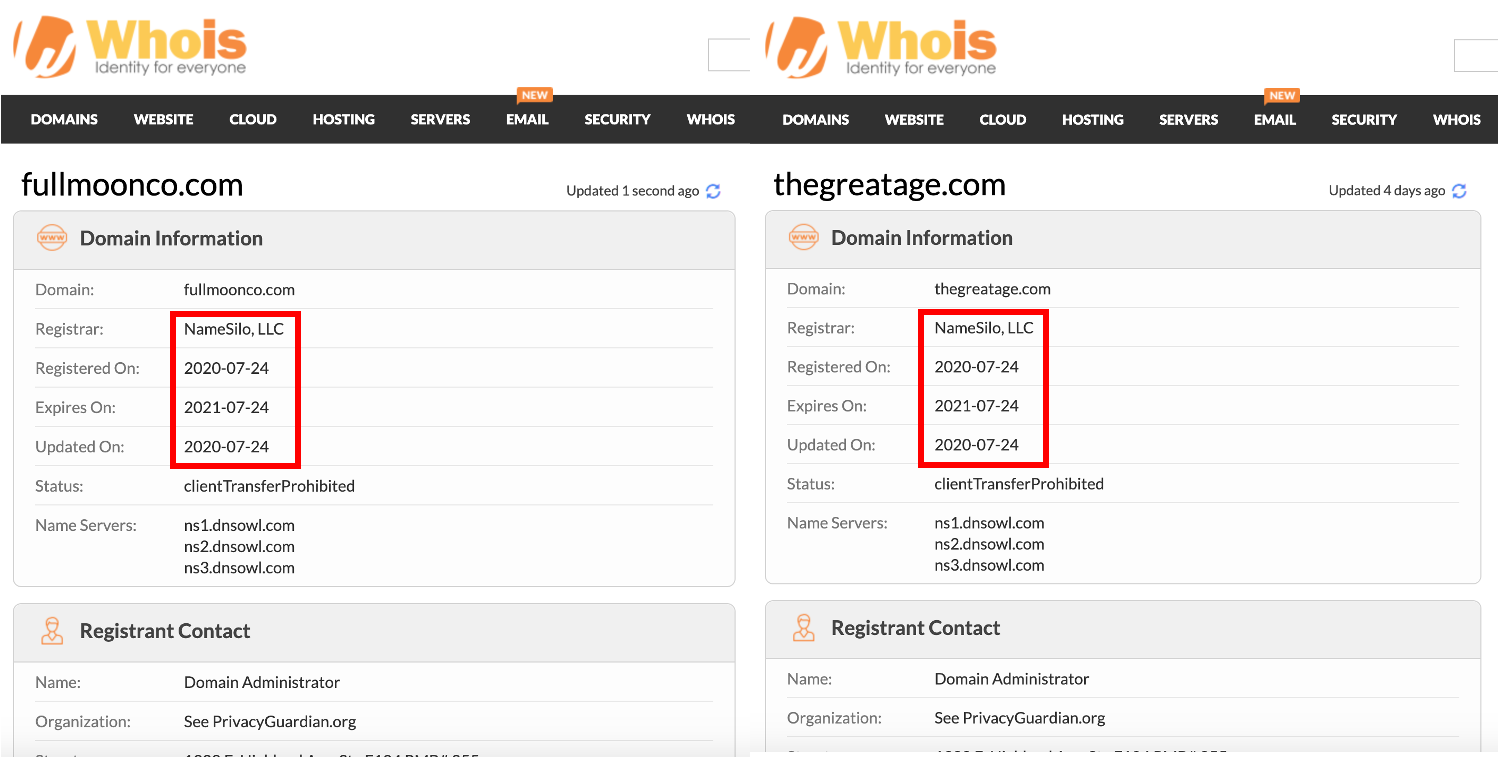 According to Whois.com, the 2 scammy shops were registered recently on the same day, using the same registrar.