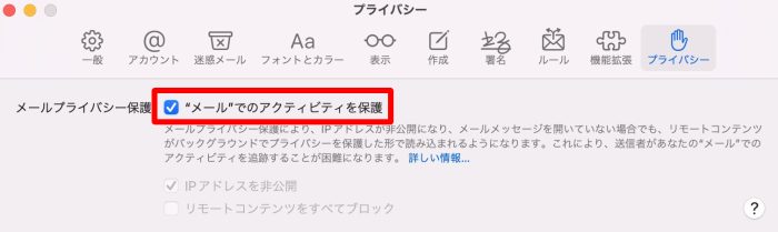 “メール”でのアクティビティを保護をチェックする